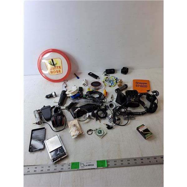 White Rose Wall Clock, Pocket Scale- Powers On, Headphones-Untested, Misc.