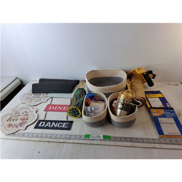 (3) Home Decor Signs, Roll of Twine, Invoice Book, Misc.