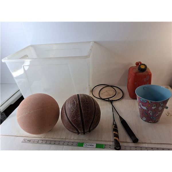 5L Jerry Can, (2) Basketballs, (2) Badminton Racquets, Misc.-Cannot Ship