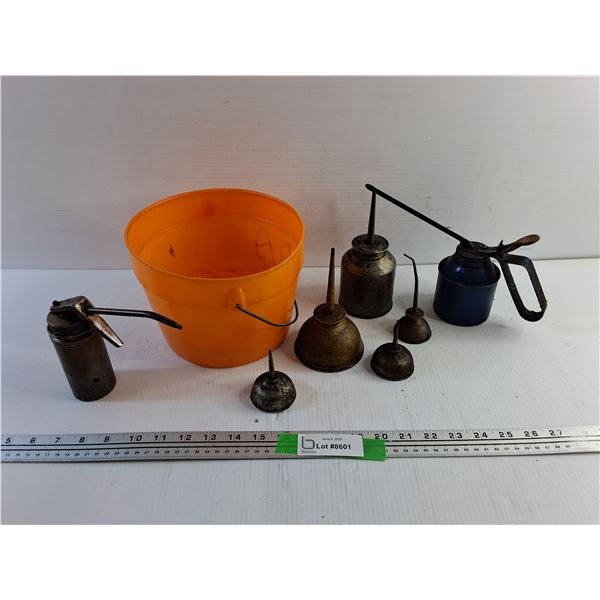 Oil Cans and Plastic Bucket