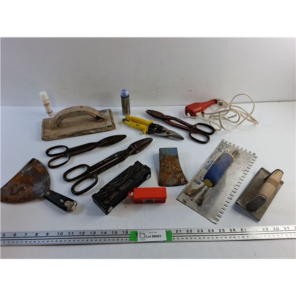 Tin Shears, Hatchet Head, Dry Wall Tools, Bowstring Wax and Misc