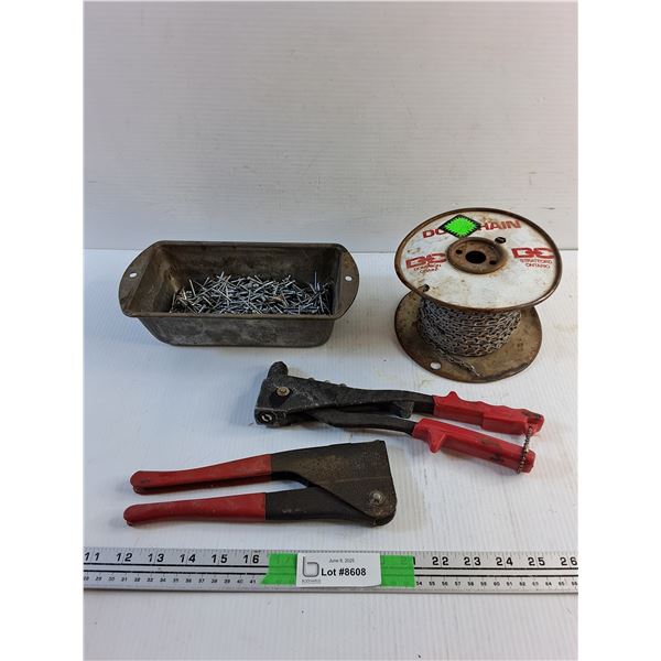Rivet Gun, Rivets, Metal Tray and Chain Reel