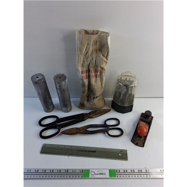Hummason Lead Shot, Drill Bits, Tin Shears, Counter Weights, Wood Plane and Ruler