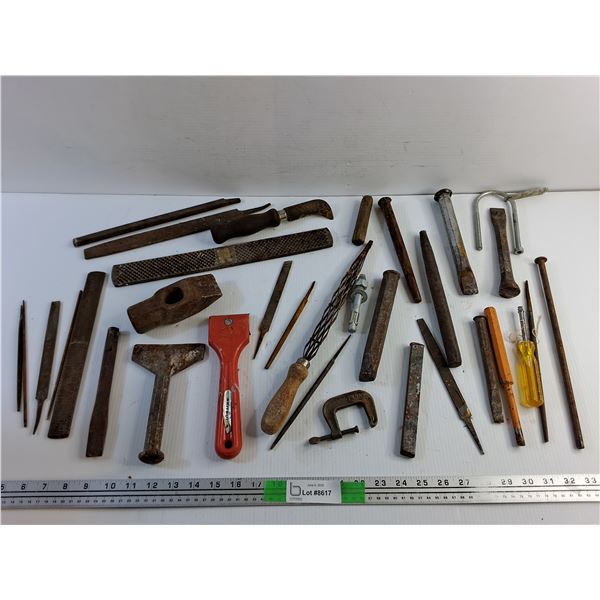 Chisels, Wood Files, C Clamp, Screwdriver and Misc