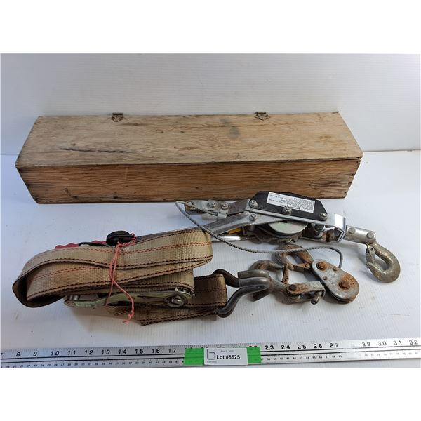 Long Wooden Box, Ratchet Strap and Come Along