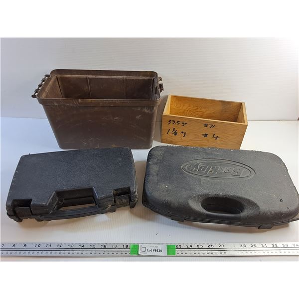 Various Empty Tool Boxes and Wooden Crate