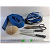 Image 1 : Hose, Stone, Kitchen Knives, Tin Shears and Bicycle Helmet