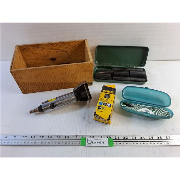 Air Grinding Tool, Wooden Crate, Sockets, DeWalt Angled Finish Nails and Glasses Case