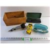 Image 1 : Air Grinding Tool, Wooden Crate, Sockets, DeWalt Angled Finish Nails and Glasses Case