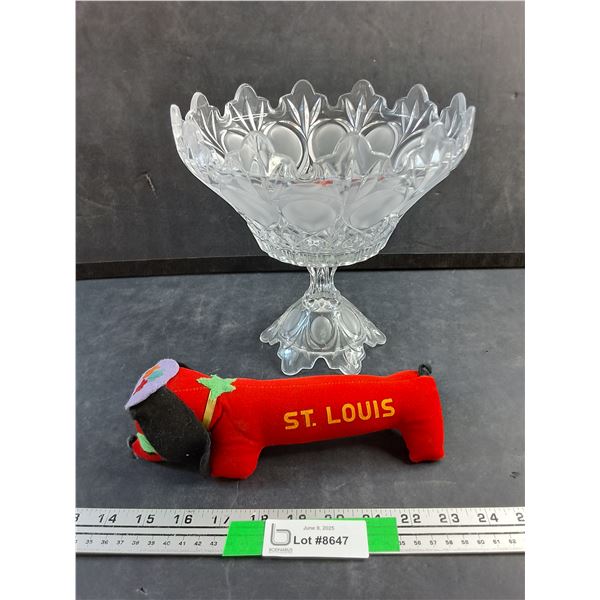 Footed Glass Bowl and St Louis Plush Dog