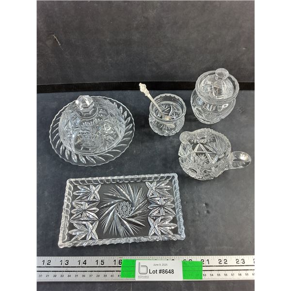 Crystal Butter Dish, Tray, Cream & Sugar Set and Rolex Sugar Spoon