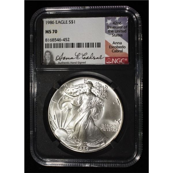 1986 SILVER EAGLE NGC MS-70 CABRAL SIGNATURE