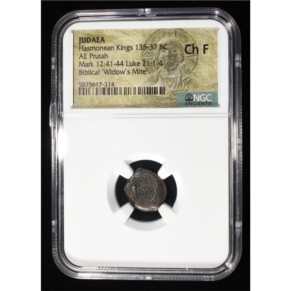 135-37 BC HASMONEAN KINGS AE PRUTAH NGC CH F