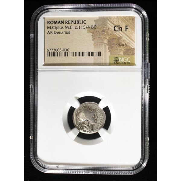 115/4 BC M,CIPIUS M.F. AR DENARIUS NGC CH F