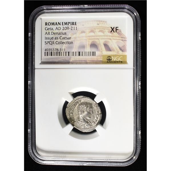 AS 209-211 GETA, AR DENARIUS NGC XF