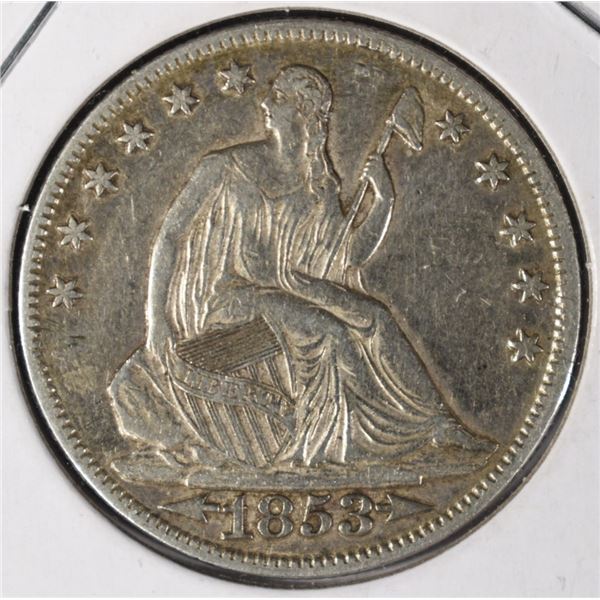 1853-O ARROWS & RAYS SEATED LIBERTY HALF AU