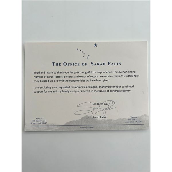 Governor of Alaska Sarah Palin facsimile card