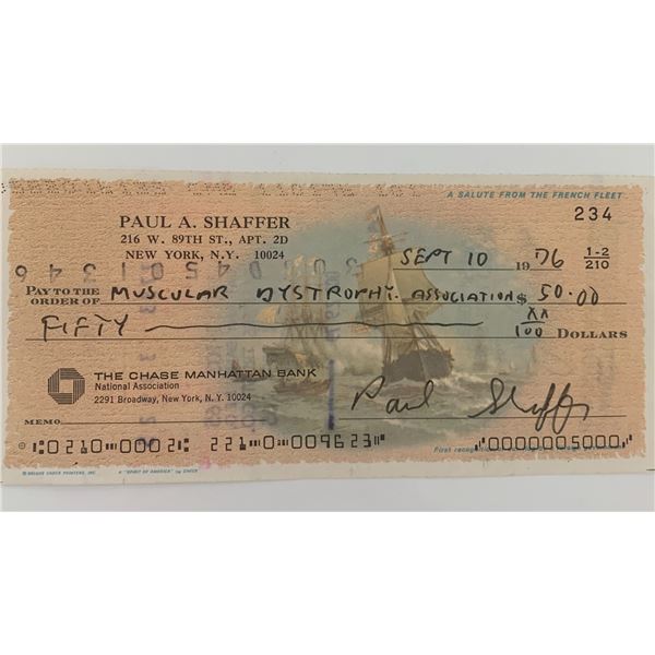 Band Leader Paul Shaffer signed personal check