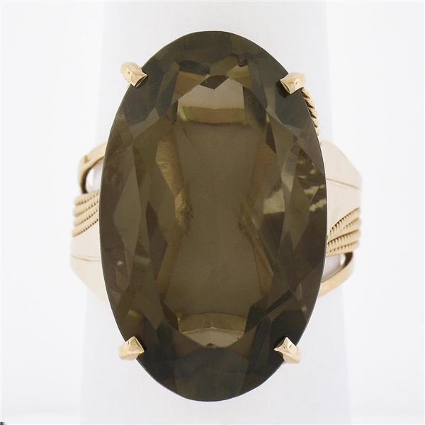 Handmade 14K Rose Gold Large Oval Smoky Quartz Solitaire Wire Work Cocktail Ring