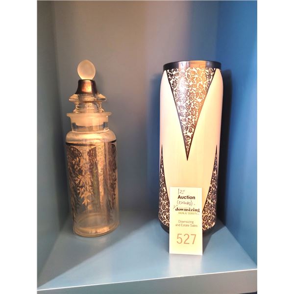 Antique 3 Piece Pressed Glass Jar With Silver Overlay & Antique Belleek  A