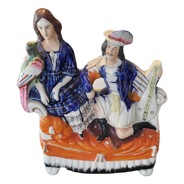 19th Century Staffordshire Porcelain Flatback Musician & His Sweetheart  A