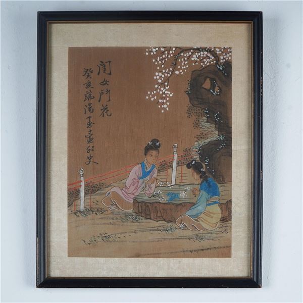 Chinese Watercolor Painting on Silk, Scene of Two Women with Blossoms
