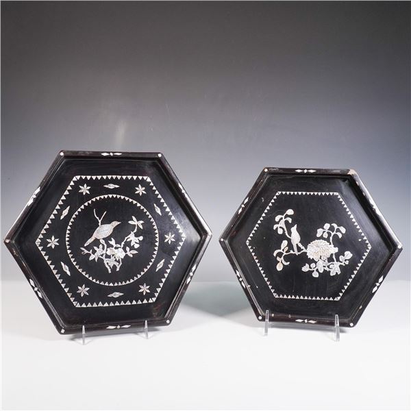 2pc Hexagonal Black Lacquer Trays with Mother-of-Pearl Inlay Design