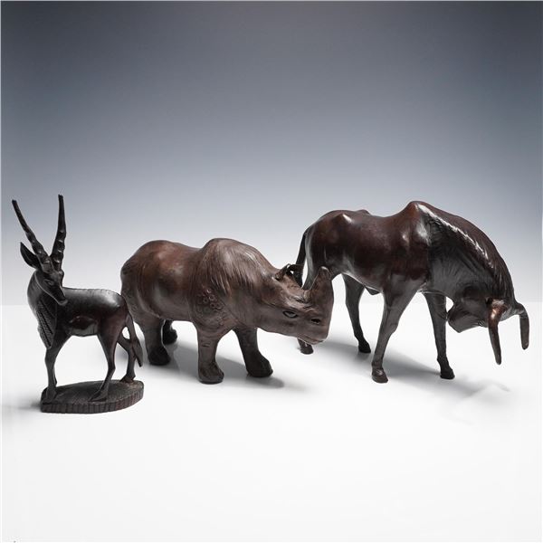 3pc Leather Animal Sculptures, Gazelle, Rhino, and Bull
