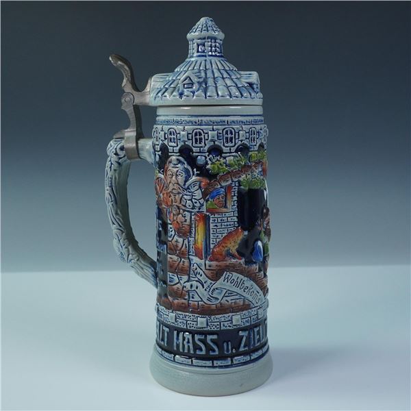 German Relief Beer Stein with Castle Tower Lid and Pewter Thumb Lift
