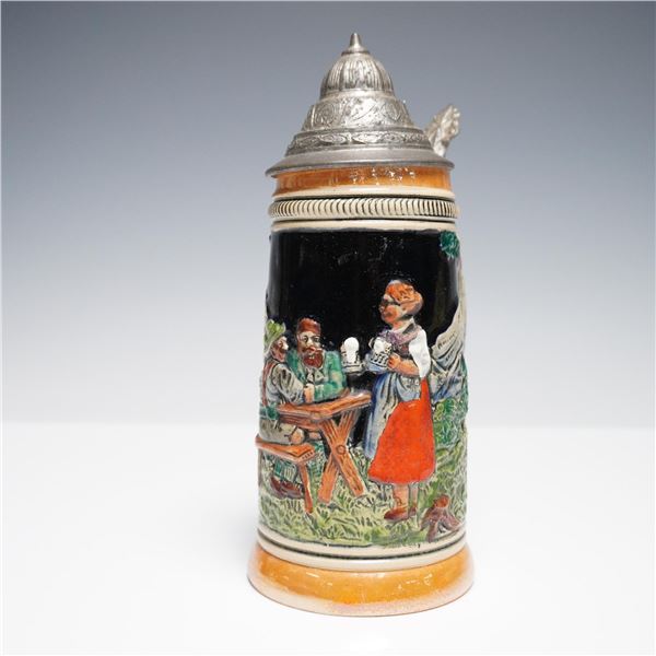 German Relief Beer Stein, Alpine Tavern Scene