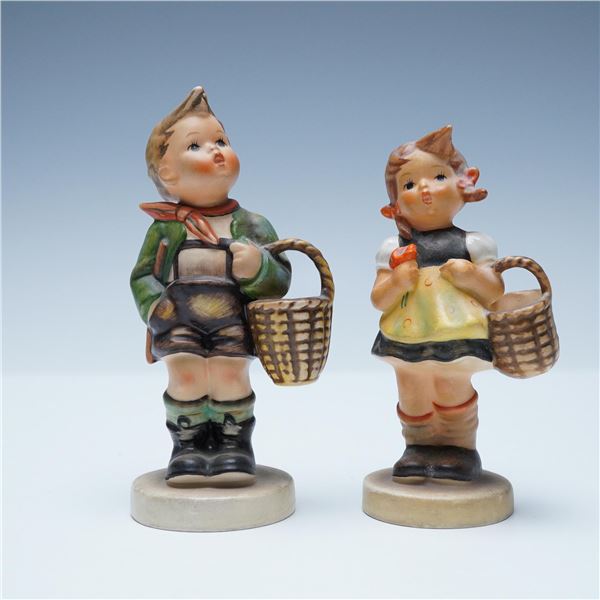2pc Goebel Hummel Porcelain Figurines, Little Shopper and Boy with Basket