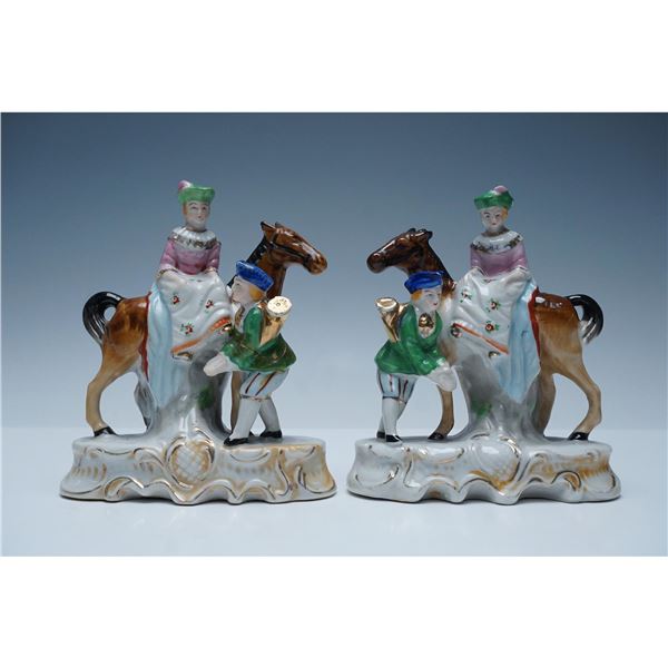 2pc Porcelain Noblewomen on Horseback Figurines, Made in Occupied Japan
