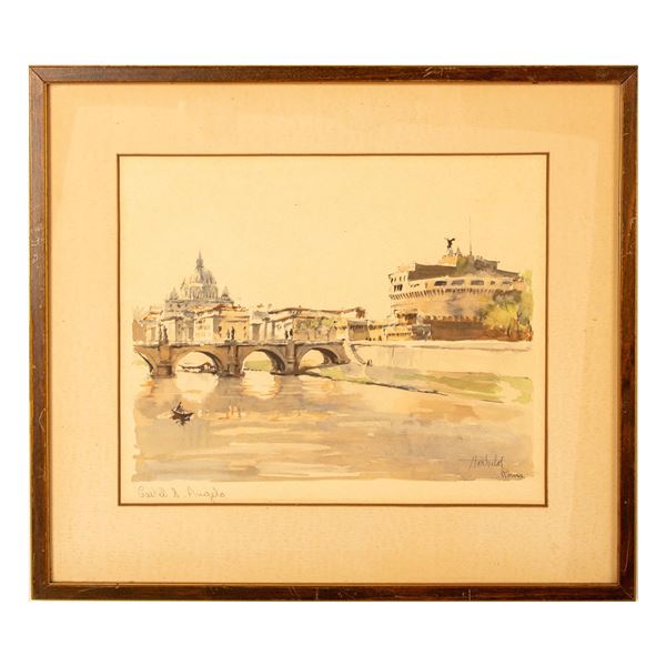 Herbelot, Original Watercolor on Paper, Rome Sight, Signed