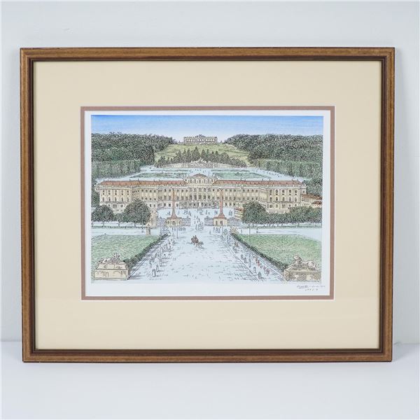 Original Ink and Watercolor on Paper, Schonbrunn Palace Vienna, Signed