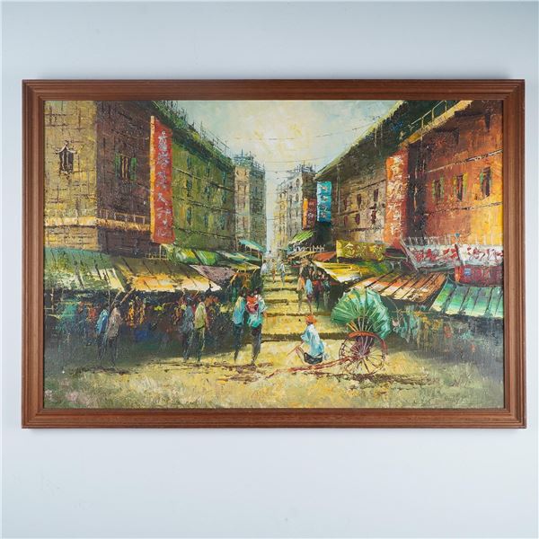 Original Oil on Canvas, Old Hong Kong Street Scene, Signed