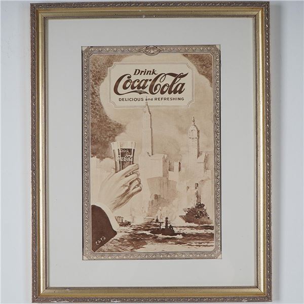 Framed Coca-Cola Advertisement Reproduction Poster with Maritime Scene
