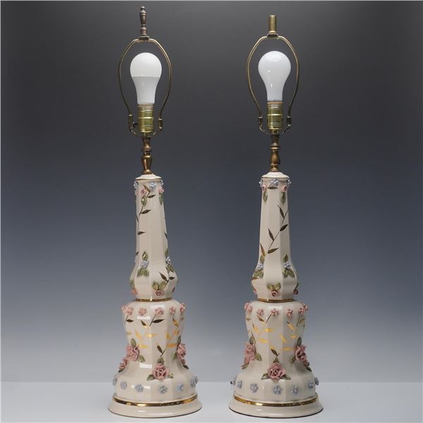 Pair of Porcelain Floral Table Lamps with Applied Flowers