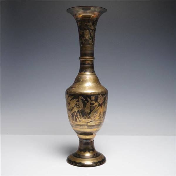 Solid Brass Vase, Engraved Bird and Floral Motif