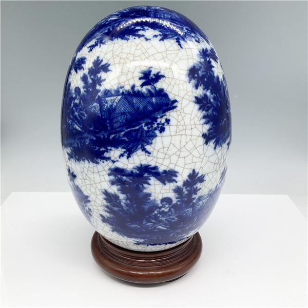 Decorative Ceramic Blue and White Egg with Wooden Base