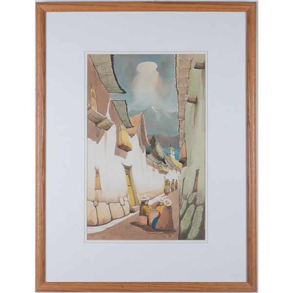 Luis Mendez, Peruvian Street Scene, Watercolor on Paper, Signed
