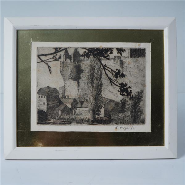 Etching on Paper, Village and Castle Ruins, Signed