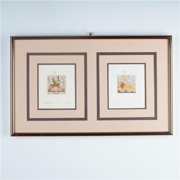 Jan Fleck, Set 2 Zodiac Etchings on Paper, Sagittarius & Leo, Signed