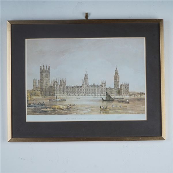 19th century British Color Engraving of The New Houses of Parliament