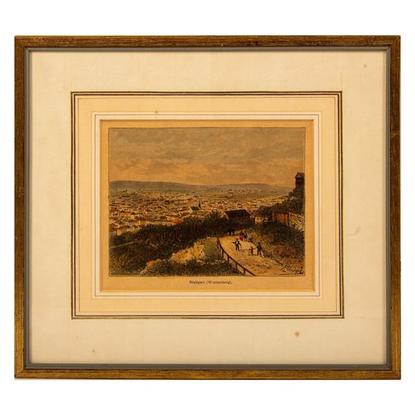 Original Color Engraving, Panoramic View of Stuttgart