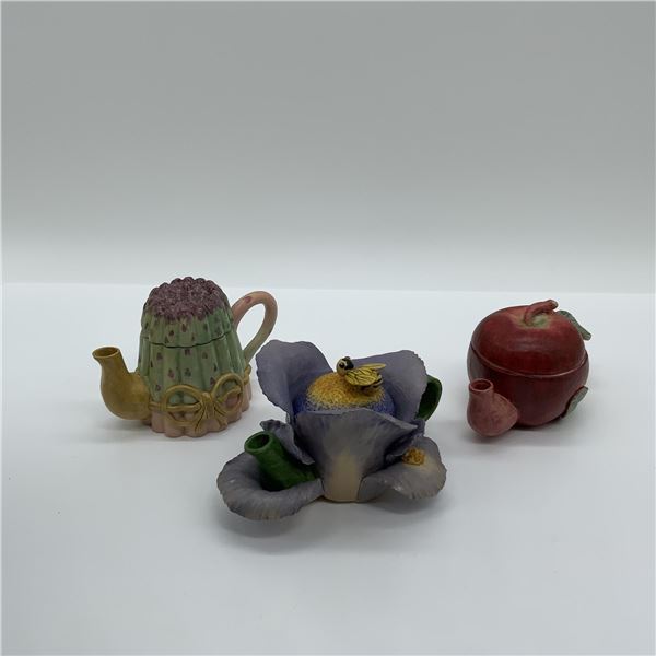 3pc Ceramic Teapot Mini Doll House, Apple, Iris, Cactus