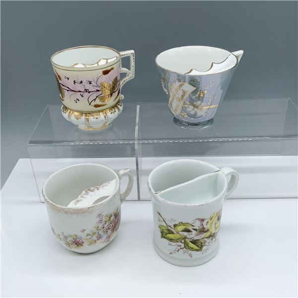 4pc Porcelain Pearl White Mustache Tea Cups and Shaving Mug