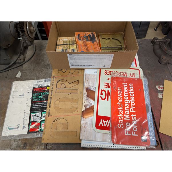 Lot of Stencils, Signs, calendars, brass stencils, and etc.