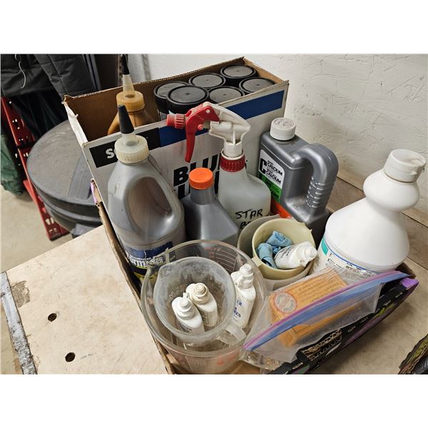 Box Of Grease/Gear Oil/De-icer/Measuring Cups/Cleaning Chemicals