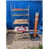 Image 1 : Metal Scrap Shelf (23.5"x12"x52") w/ Yield Signs and orange pylon
