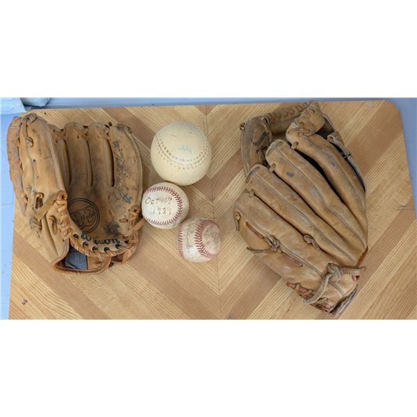(2) Vintage Baseball Gloves (1) Hardly Used w/ (3) Baseballs